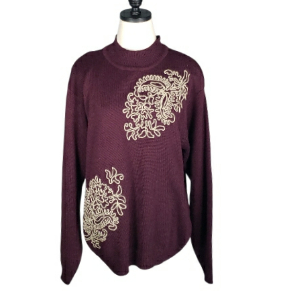 Vintage Alfred Dunner Wool Blend Mockneck Abstract Floral Embroidered Sweater XL